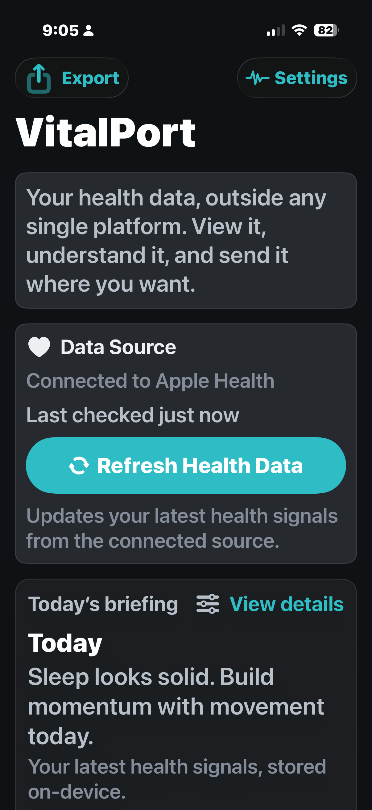 VitalPort home screen showing data source and daily briefing