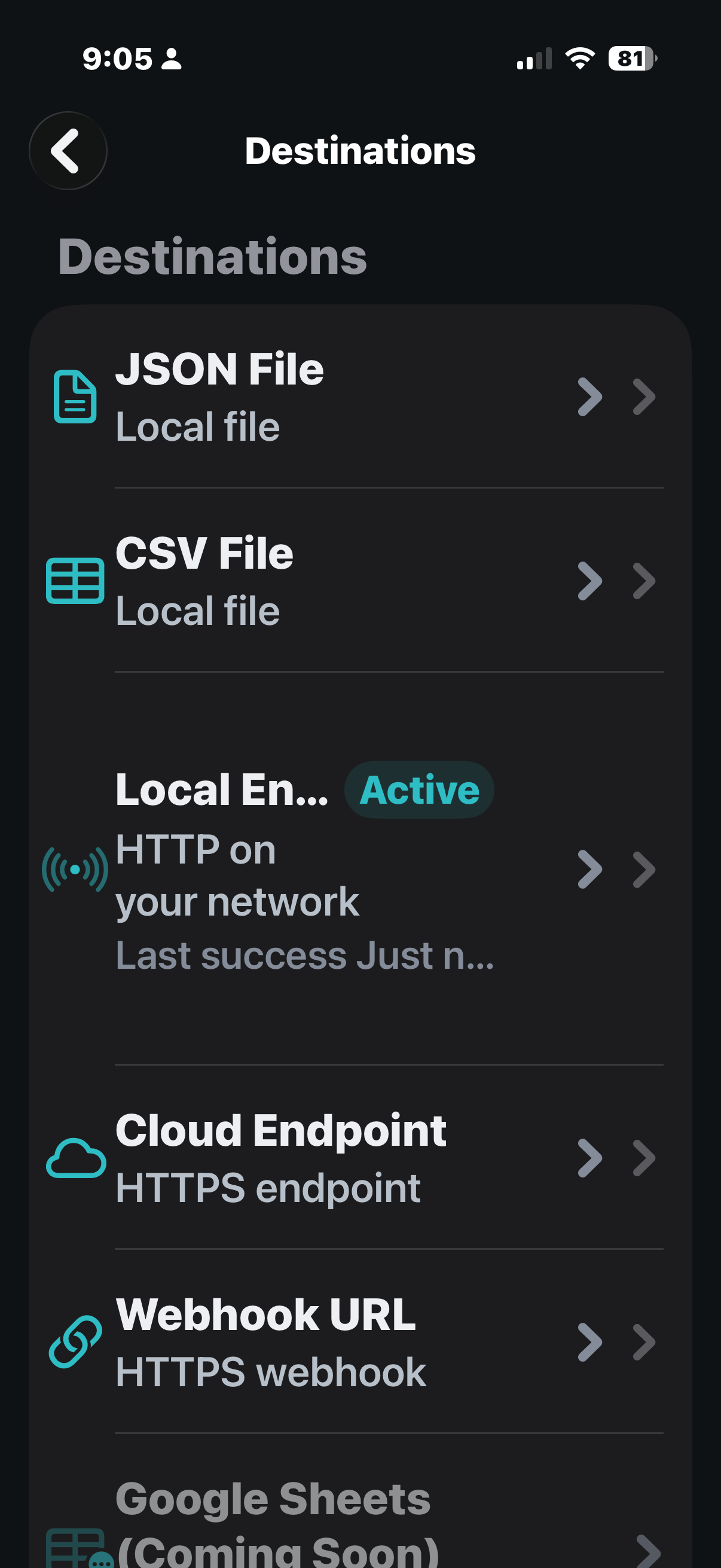 VitalPort export destinations including JSON, CSV, local endpoint, cloud endpoint, and webhook